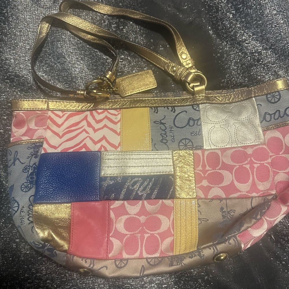 Coach Gold Pink Blue Patchwork Purse